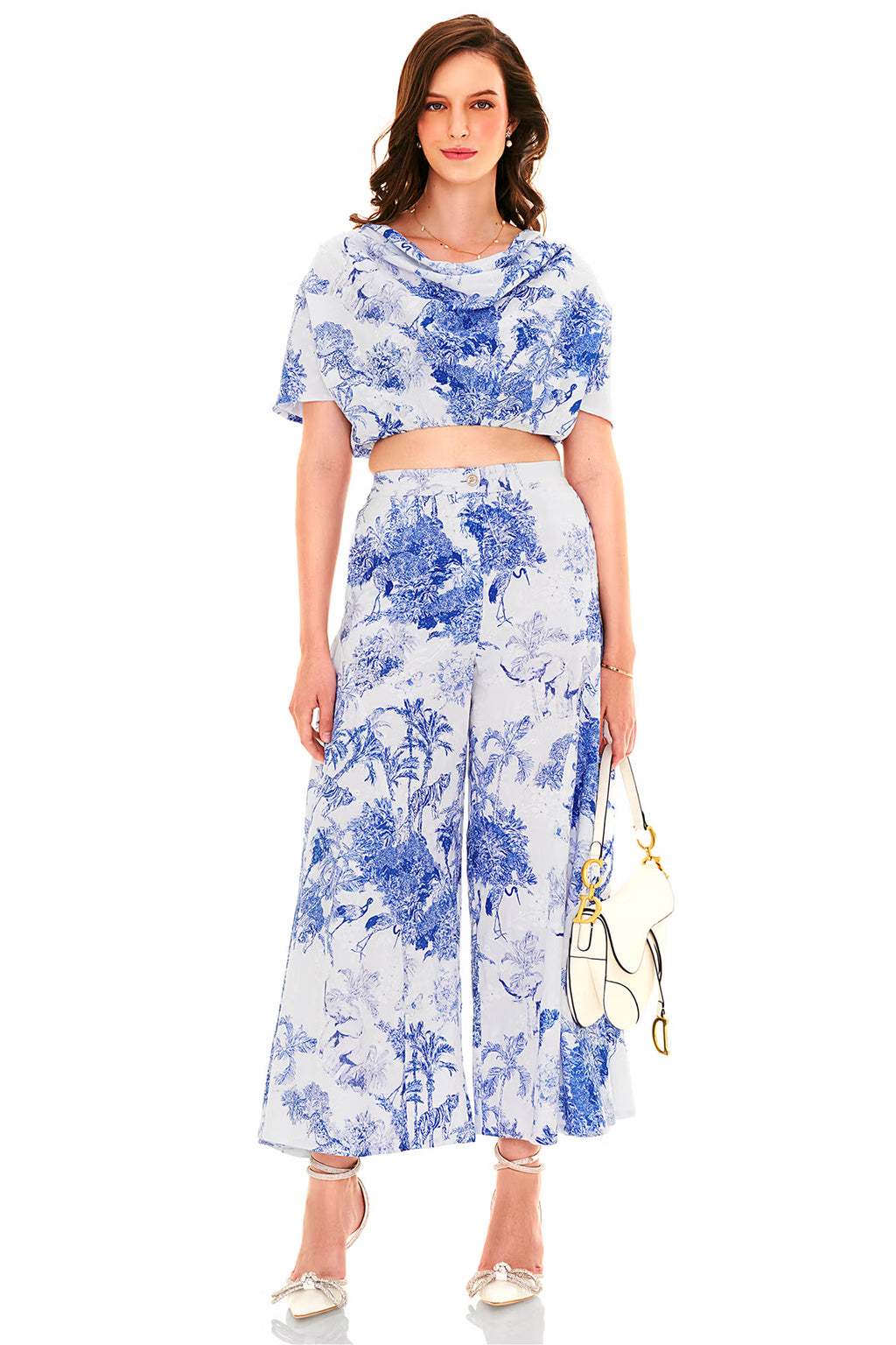 Blue and white printed co-ord set with crop top and wide-leg pants