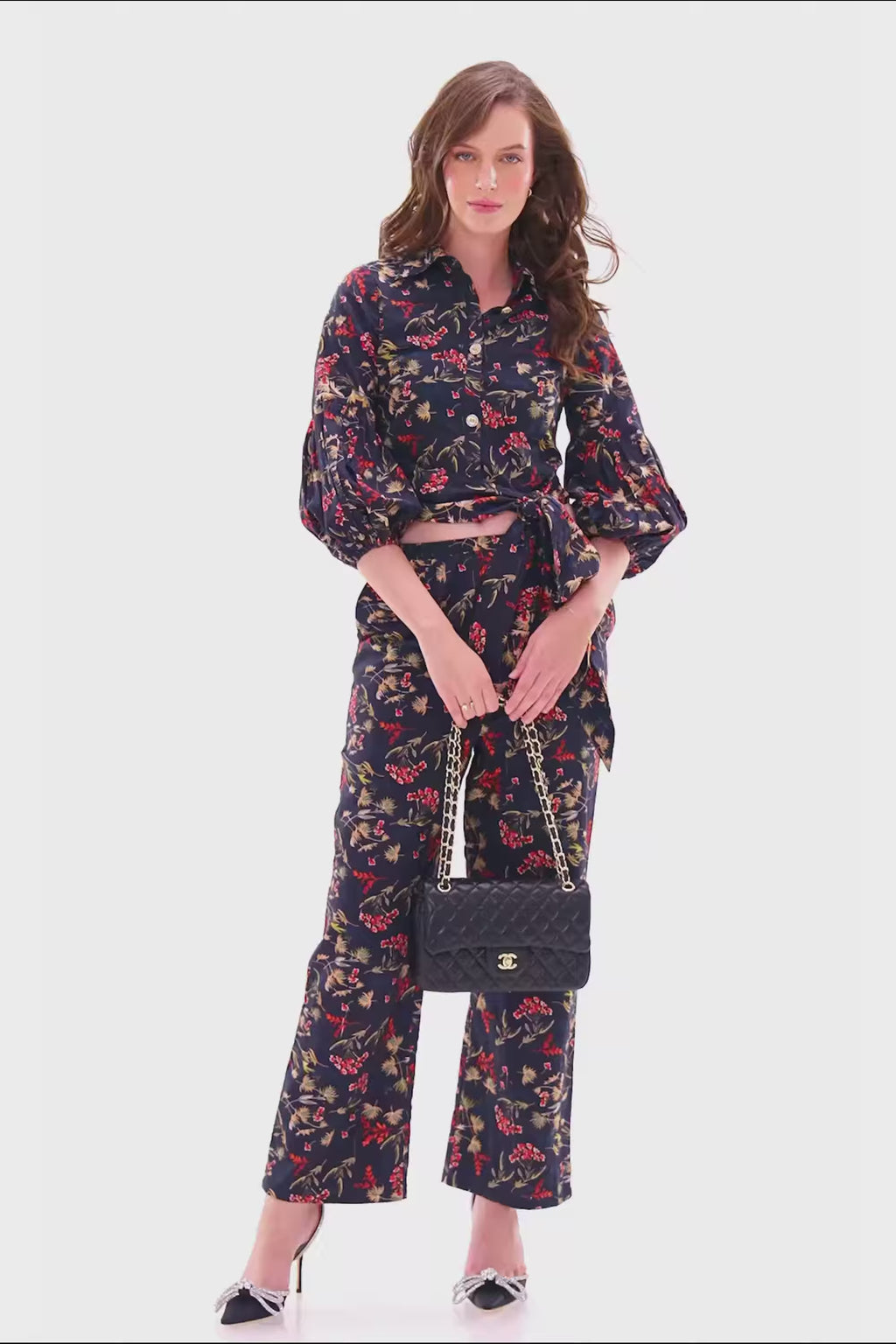 Navy floral long sleeve belted co-ord set  with wide-leg pants