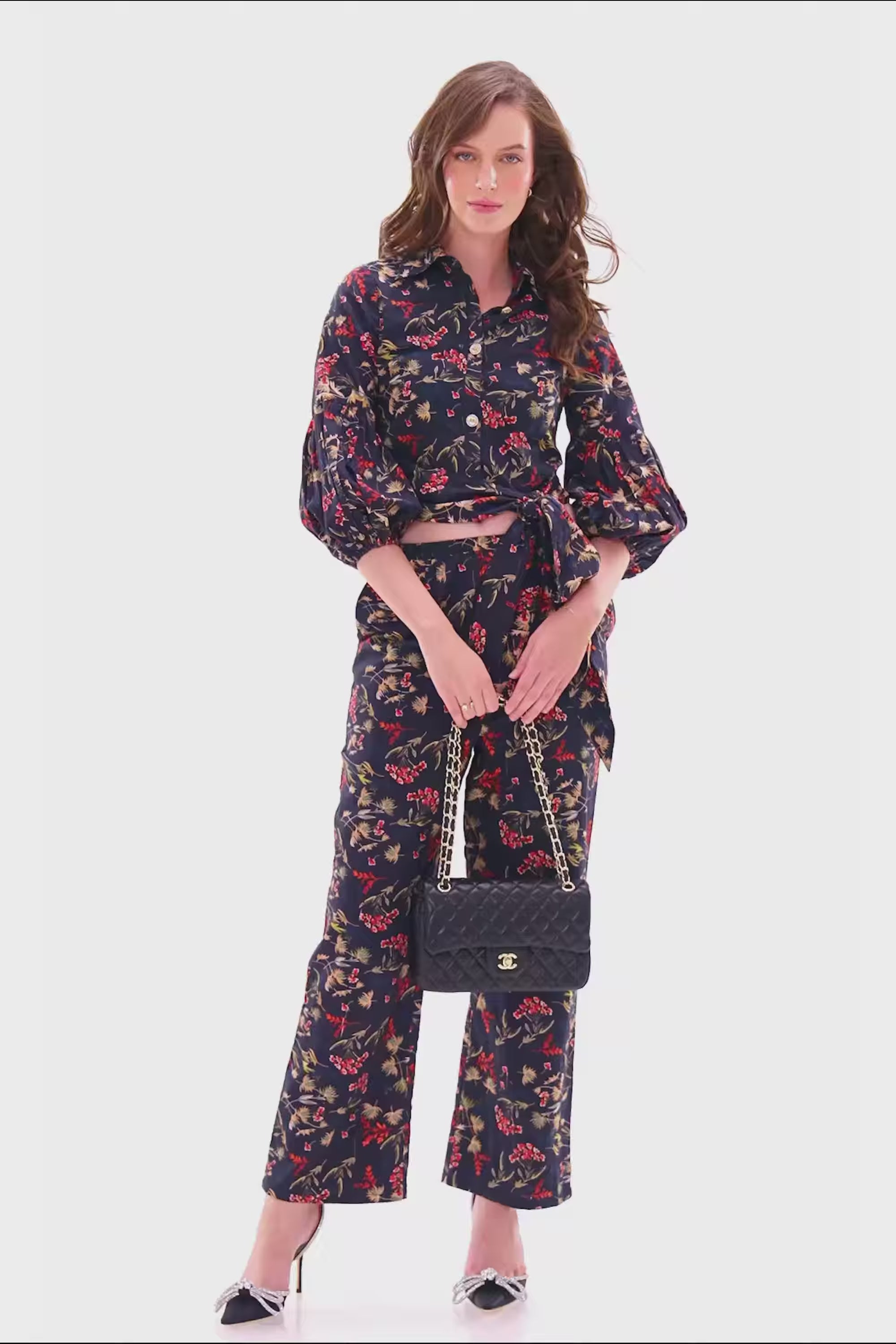 Navy floral long sleeve belted co-ord set  with wide-leg pants