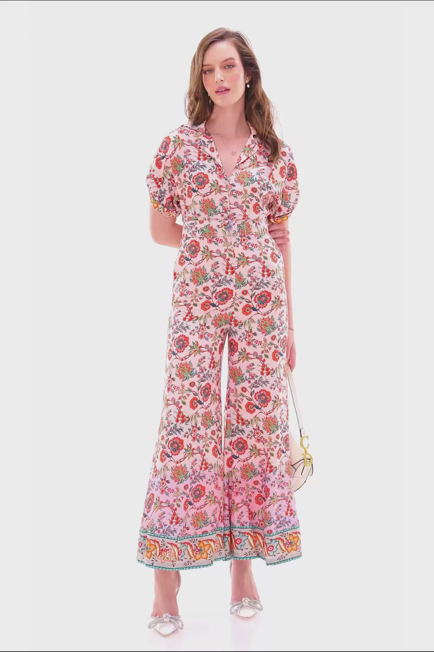 pink floral wide-leg v-neck jumpsuit with short sleeves