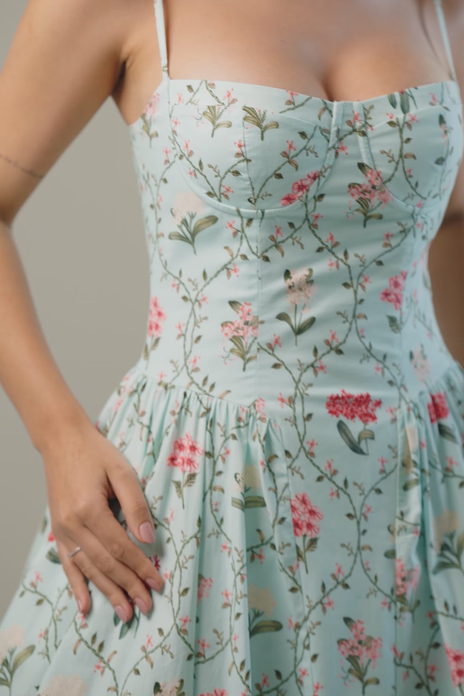 Mint floral sleeveless bustier midi dress, Pretty Pixie cotton dress