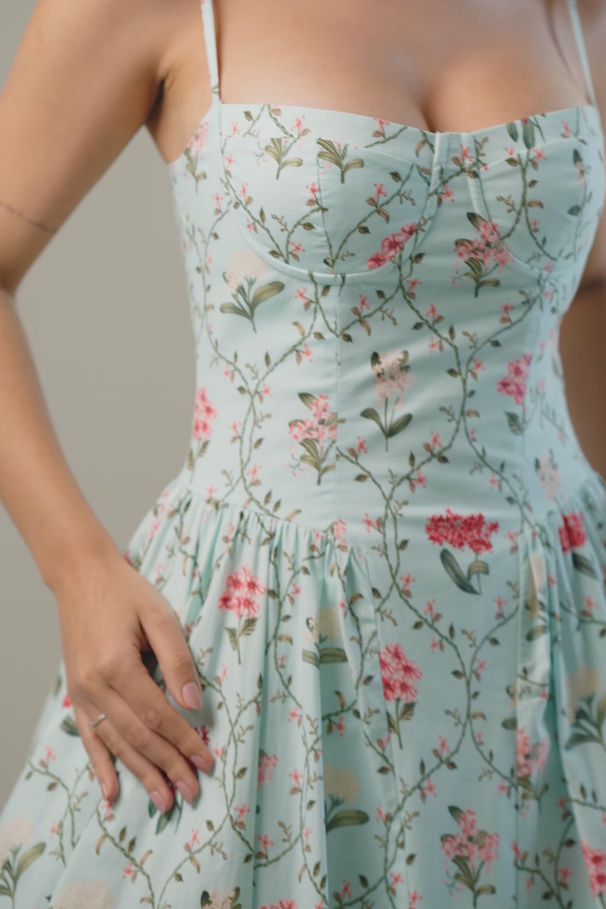 Mint floral sleeveless bustier midi dress, Pretty Pixie cotton dress