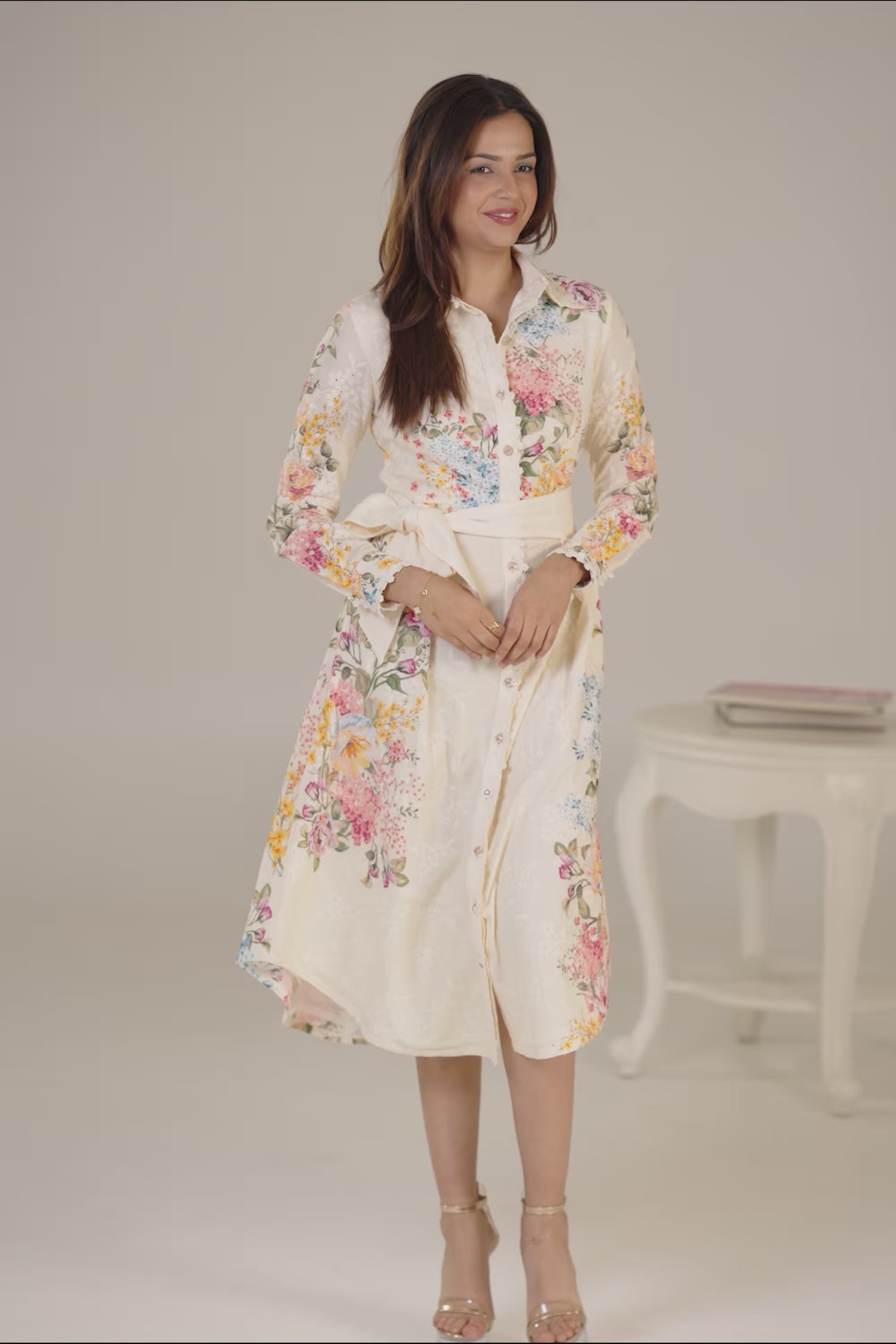 Cream floral belted shirt dress with button down design