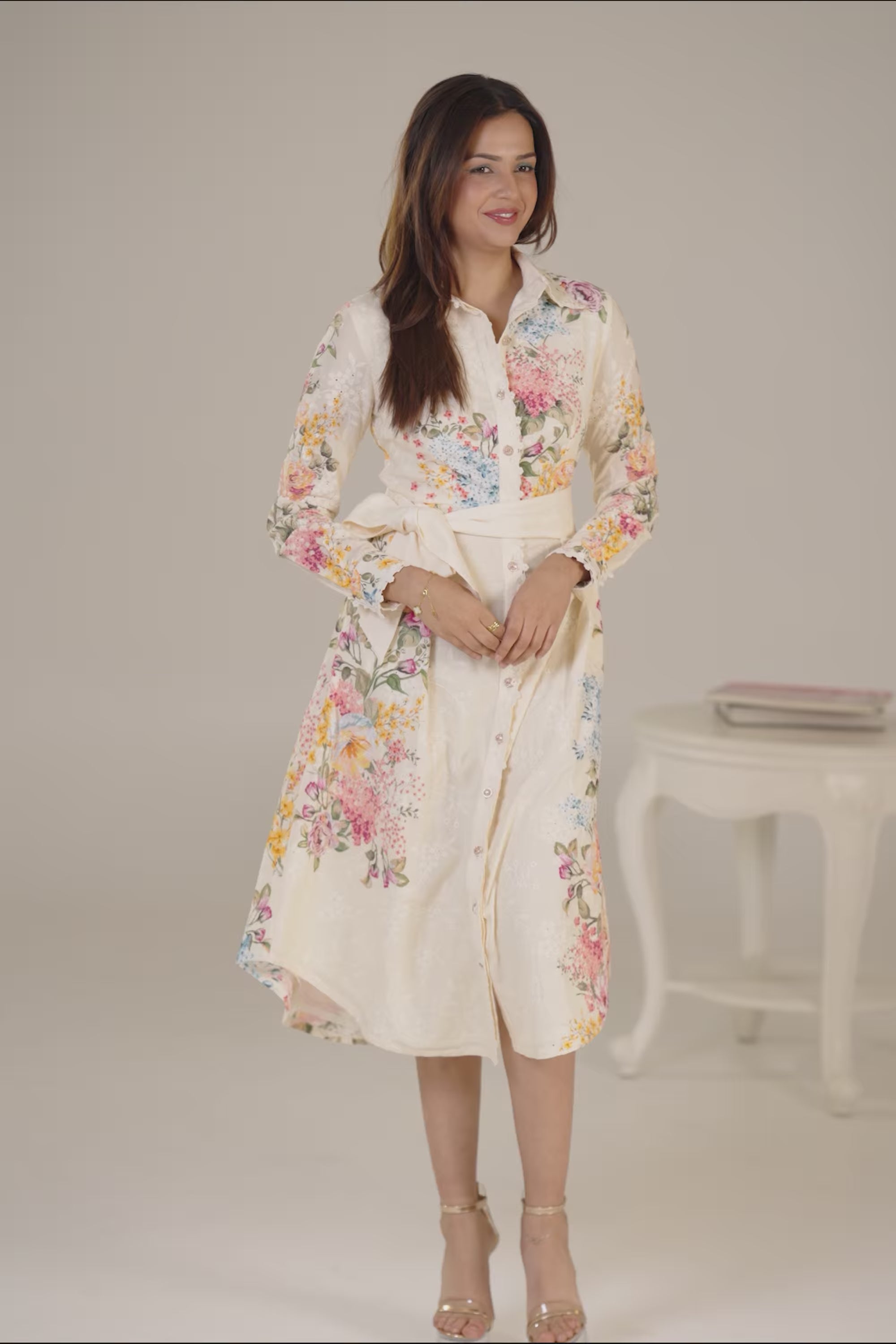 Cream floral belted shirt dress with button down design