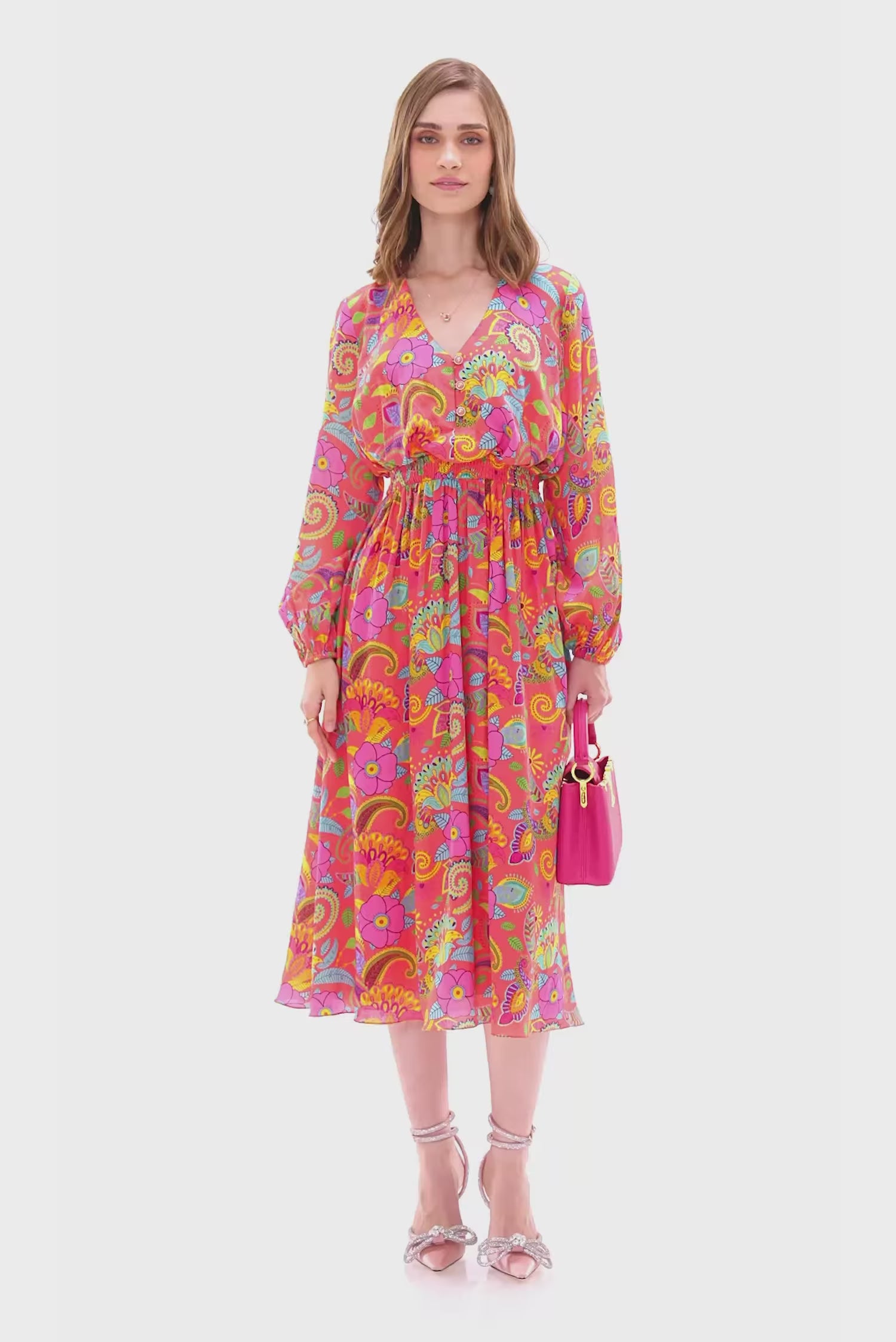 Pink floral paisley V-neck midi dress with long sleeves