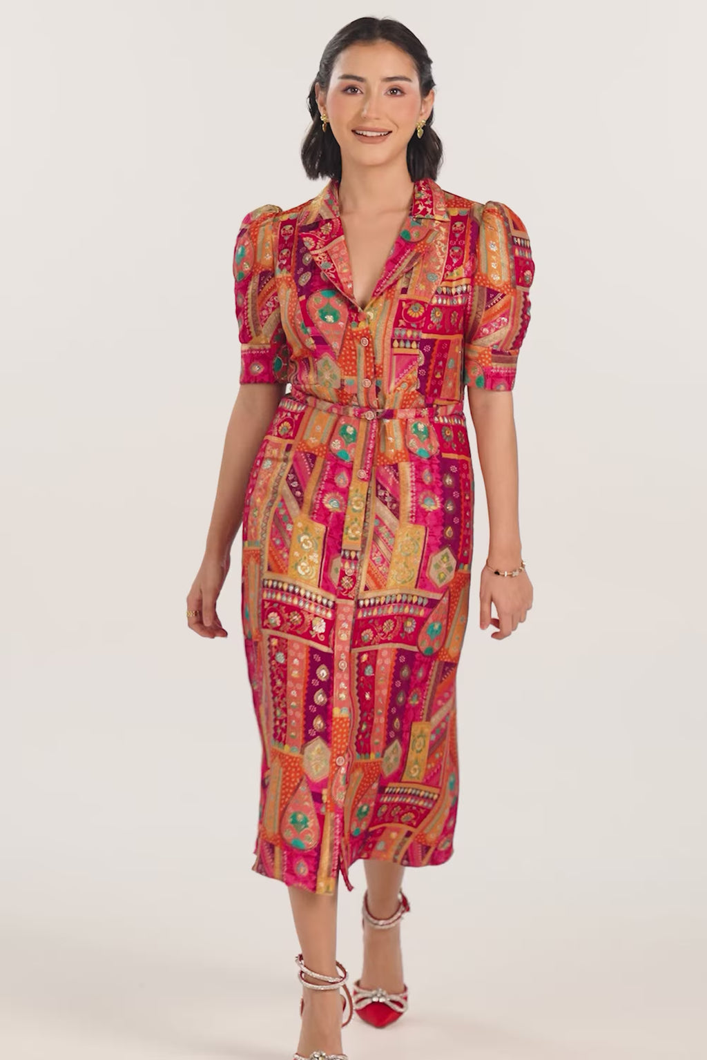 Royal Magenta Silk Floral Belted Midi Dress