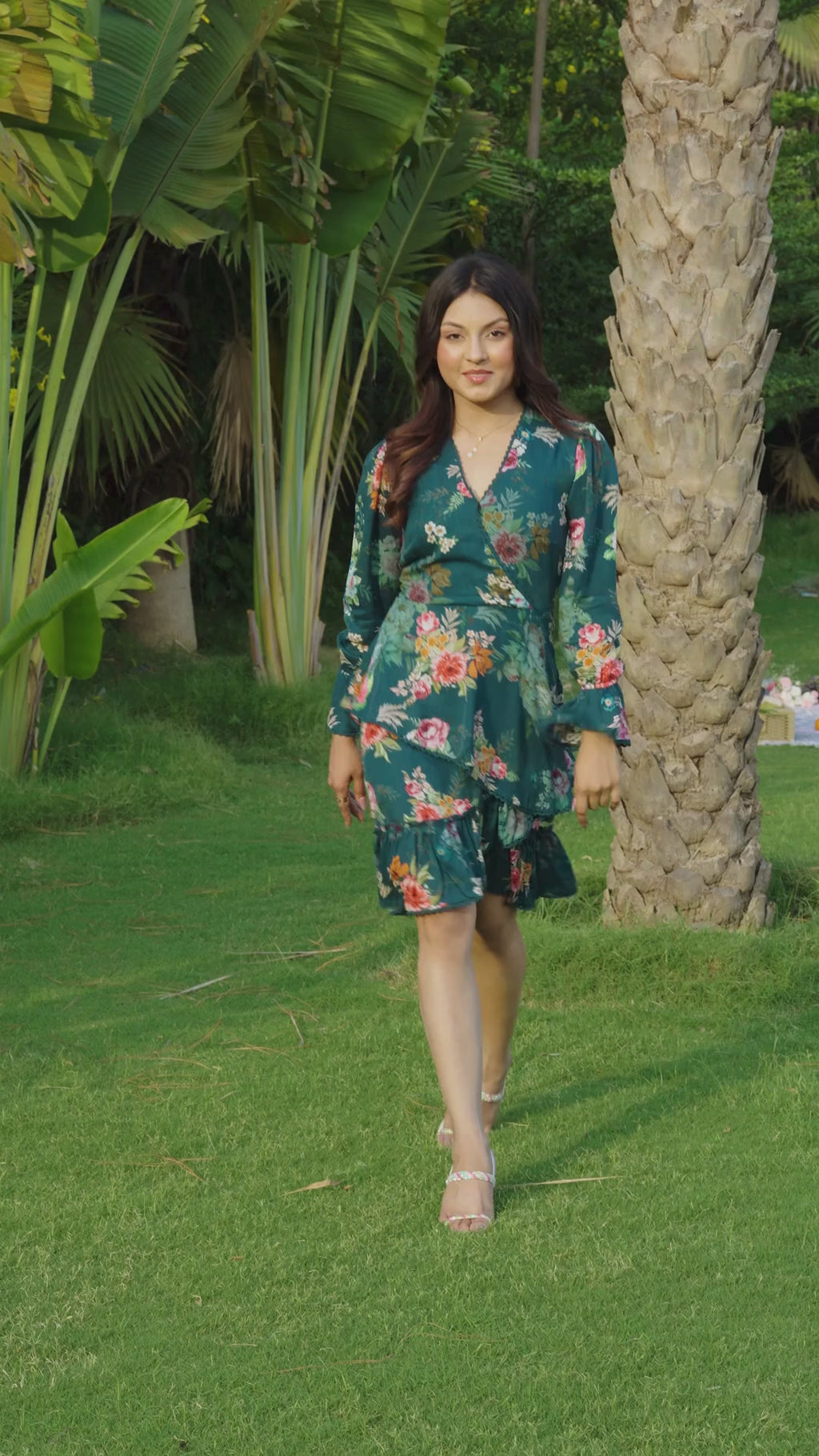 Teal green floral ruffle wrap dress 