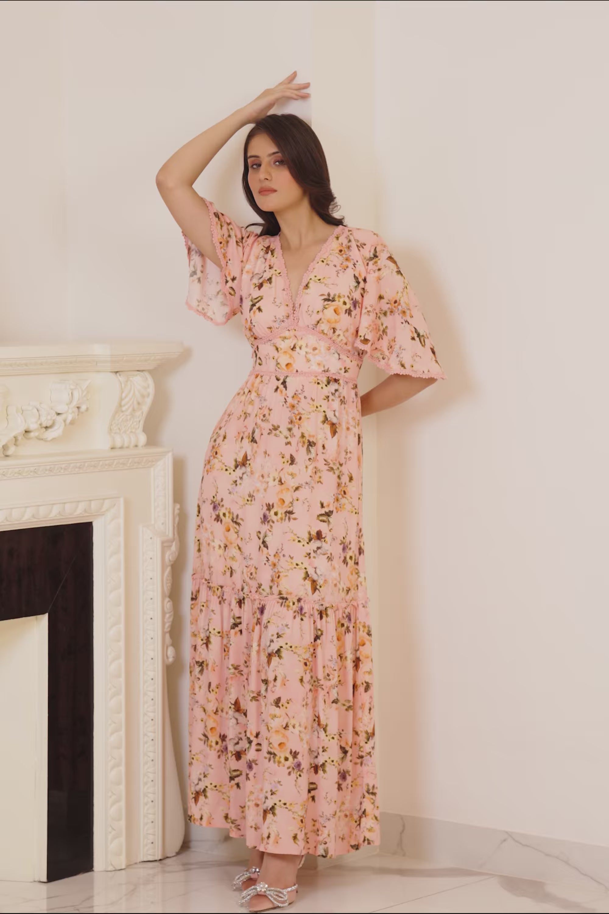 Peach pink floral maxi dress styled with heels