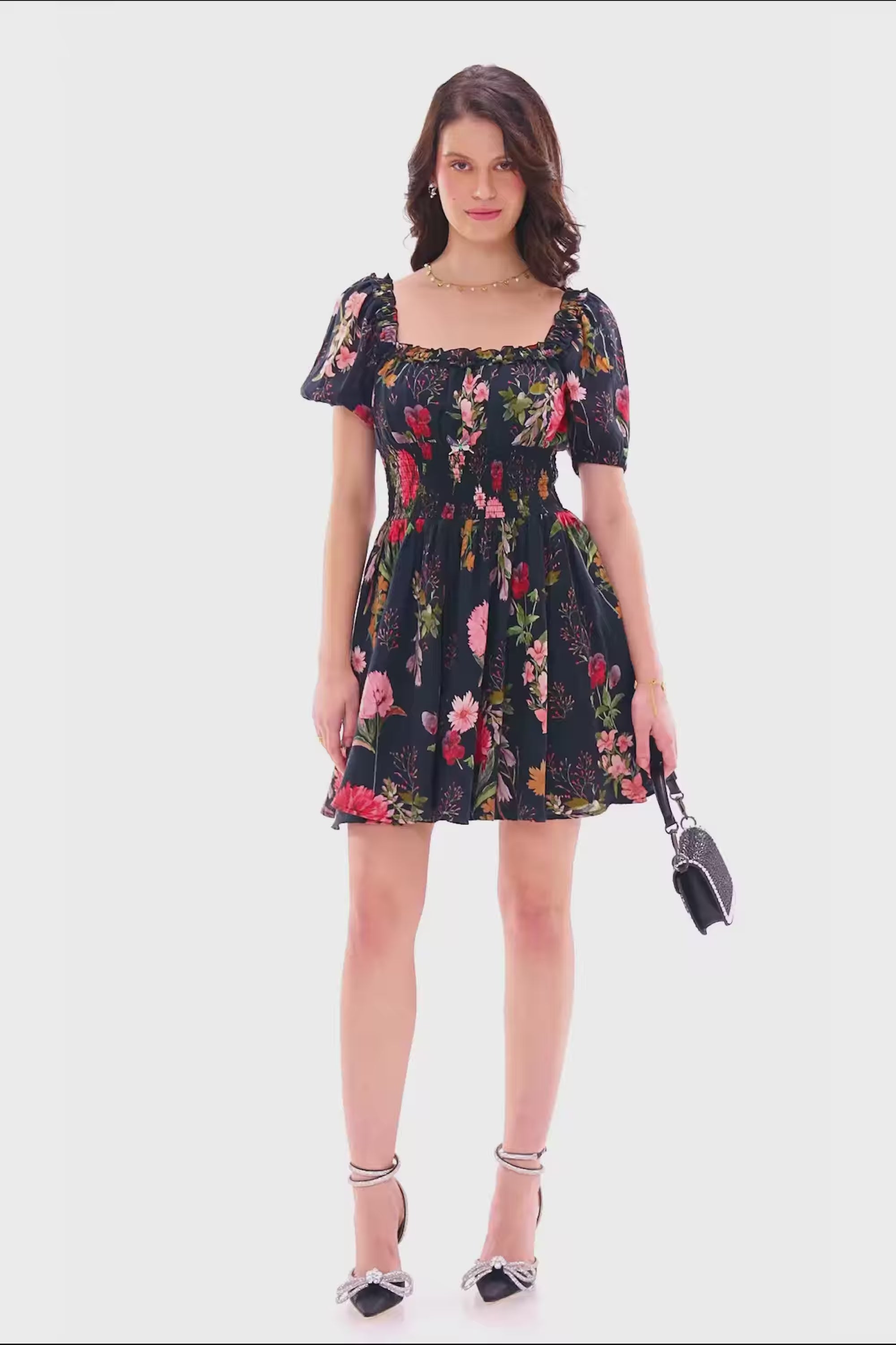 black floral square neck mini dress with puff sleeves