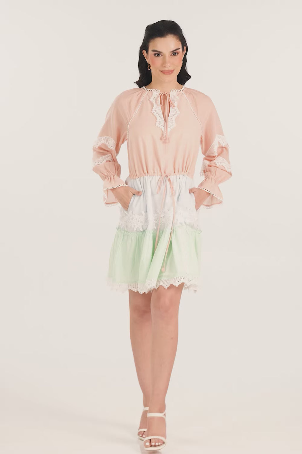 Pastel Peach Lace Trim Tiered Mini Dress