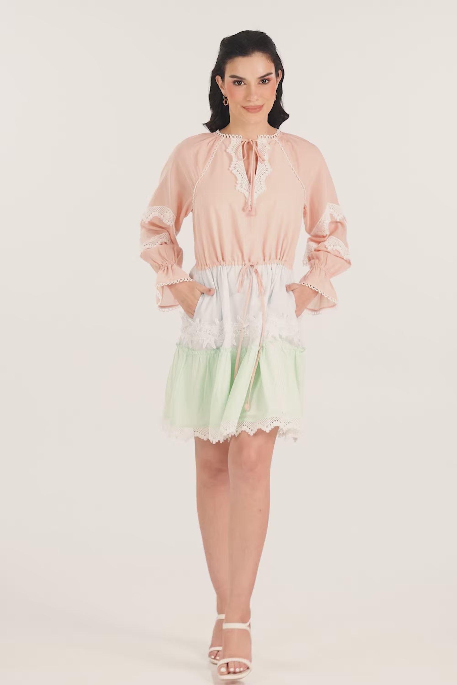 Pastel Peach Lace Trim Tiered Mini Dress