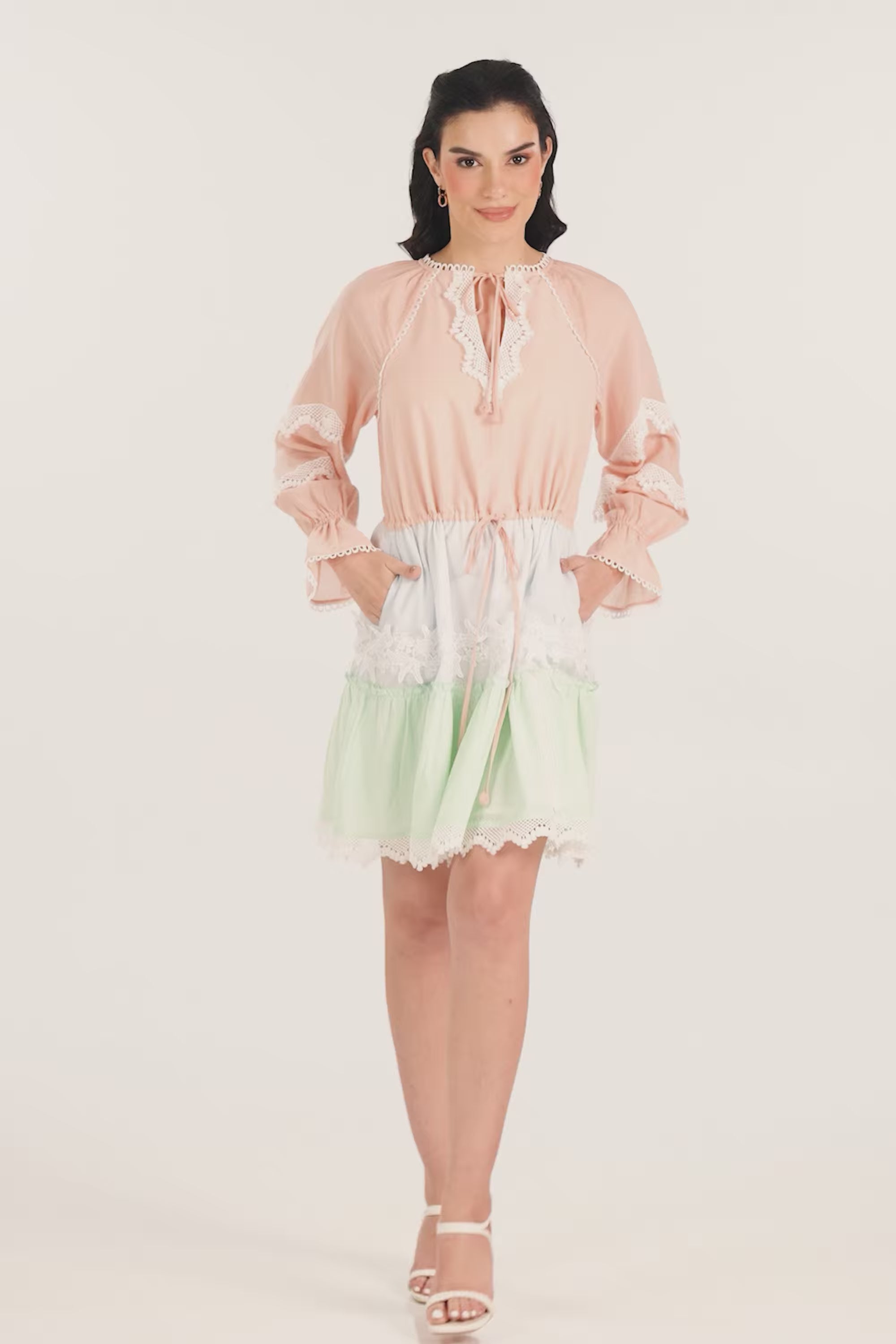 Pastel Peach Lace Trim Tiered Mini Dress