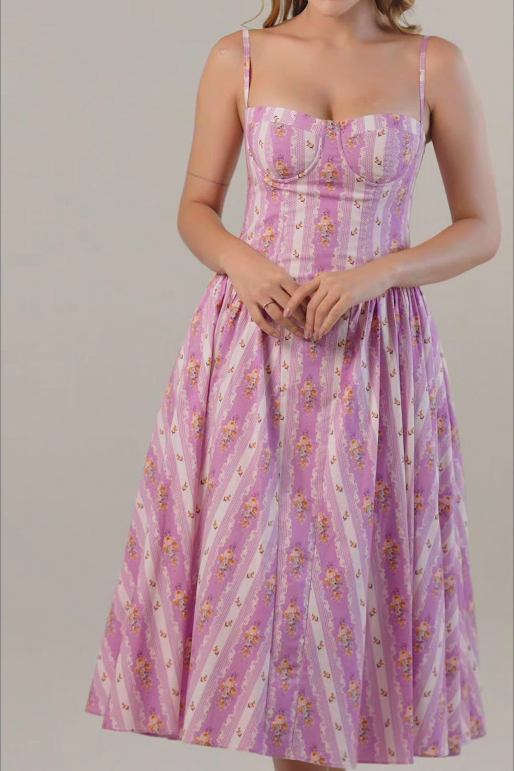 Lilac floral spaghetti strap bustier cotton midi dress video, Pretty Pixie Indian womenswear