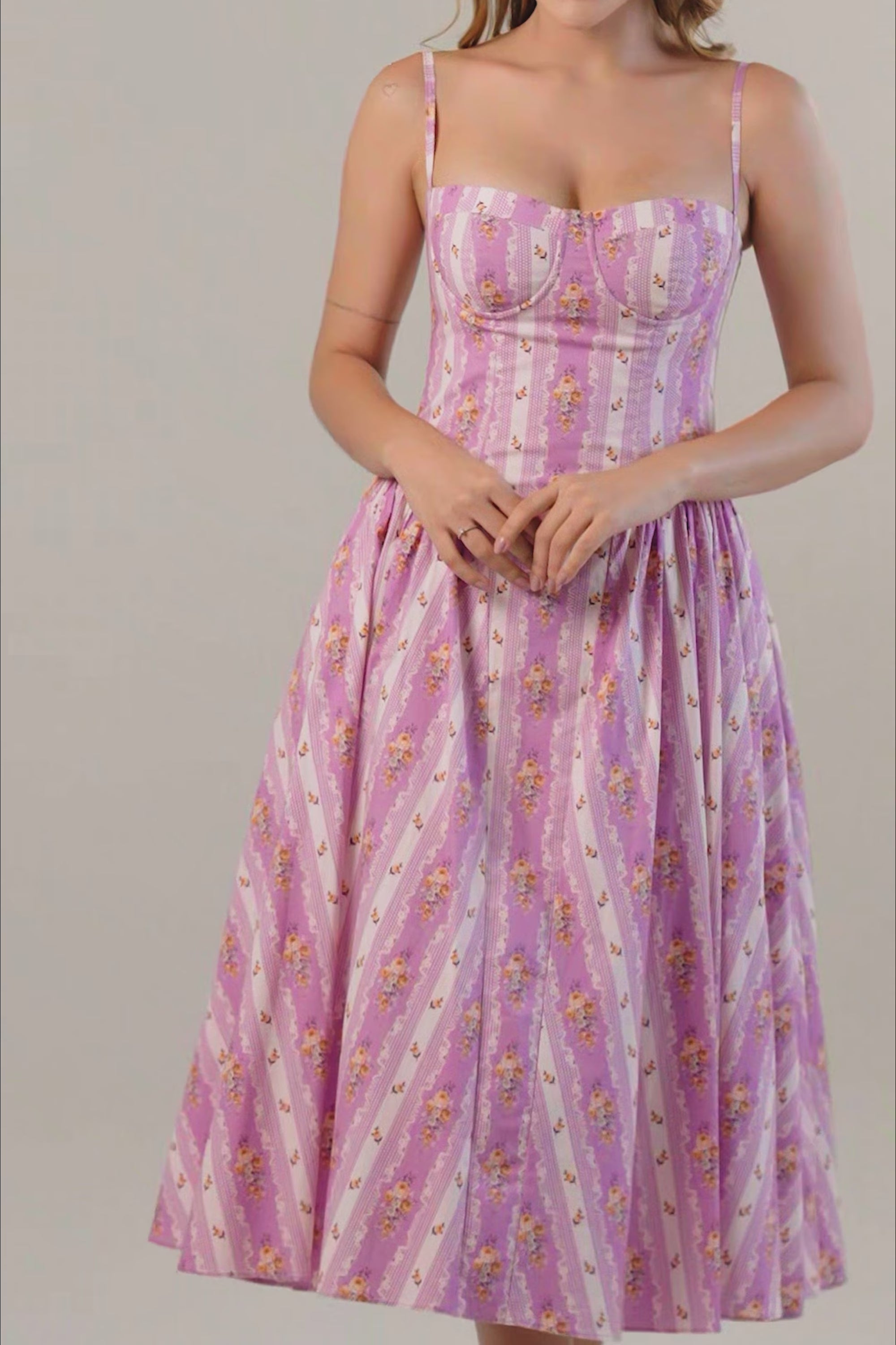 Lilac floral spaghetti strap bustier cotton midi dress video, Pretty Pixie Indian womenswear