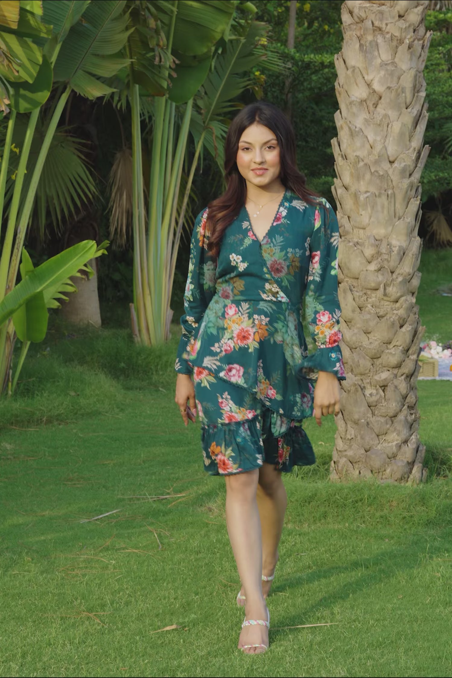 Teal green floral ruffle wrap dress