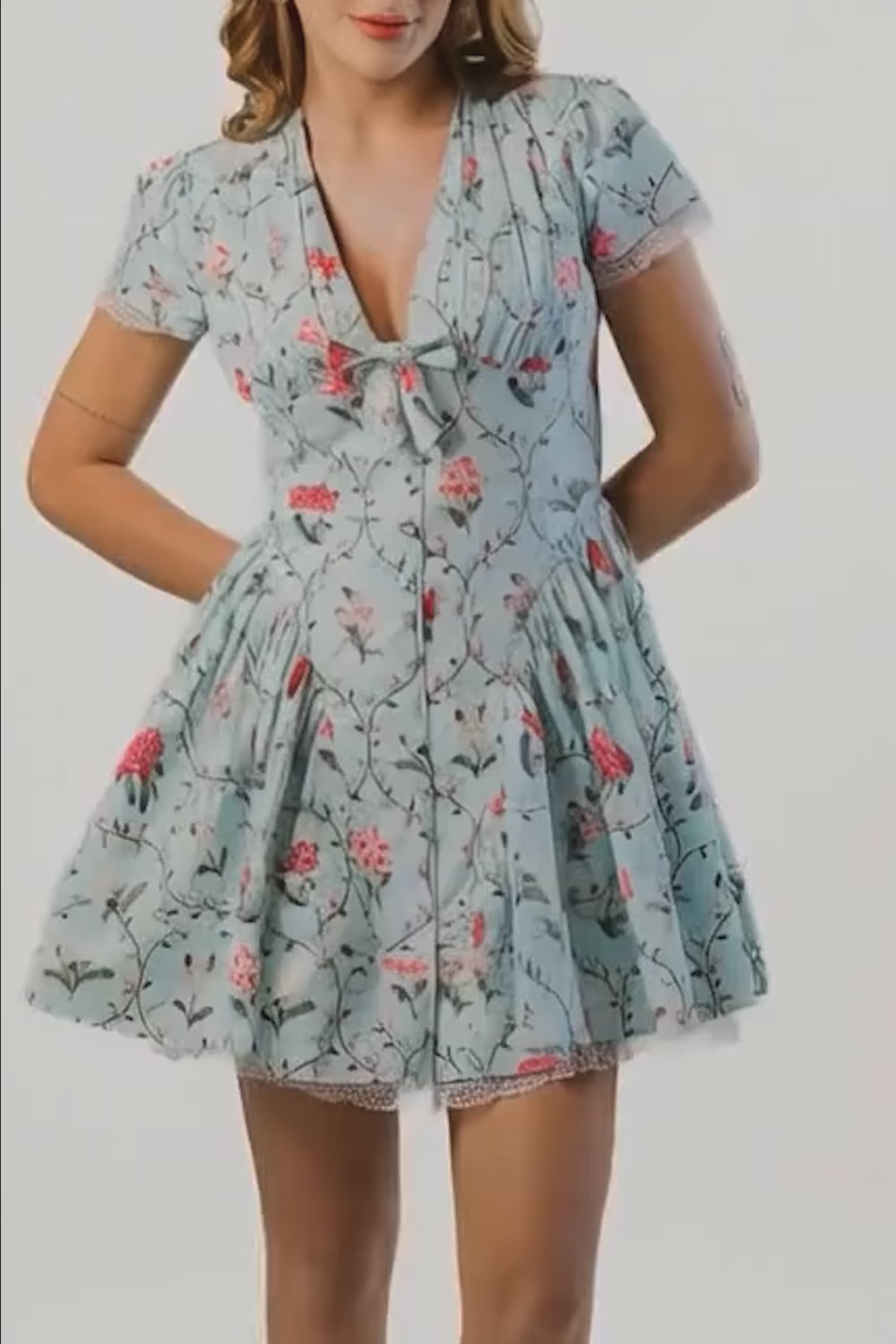 mint floral tie neck short sleeve mini dress movement video, Pretty Pixie Indian fashion