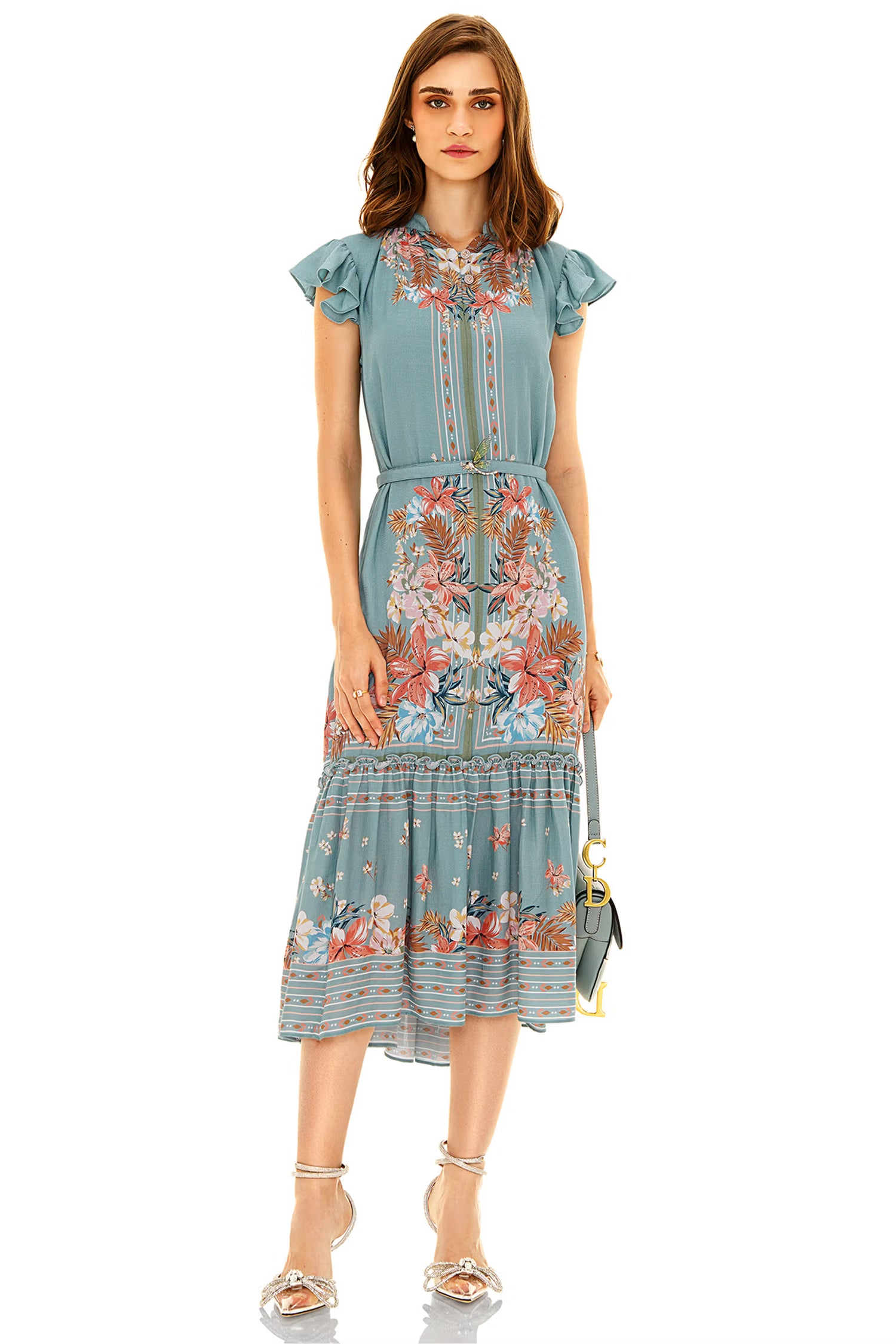 Dusty teal floral ruffle midi dress with belt and flutter sleeves