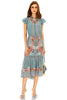 Dusty teal floral ruffle sleeve midi dress