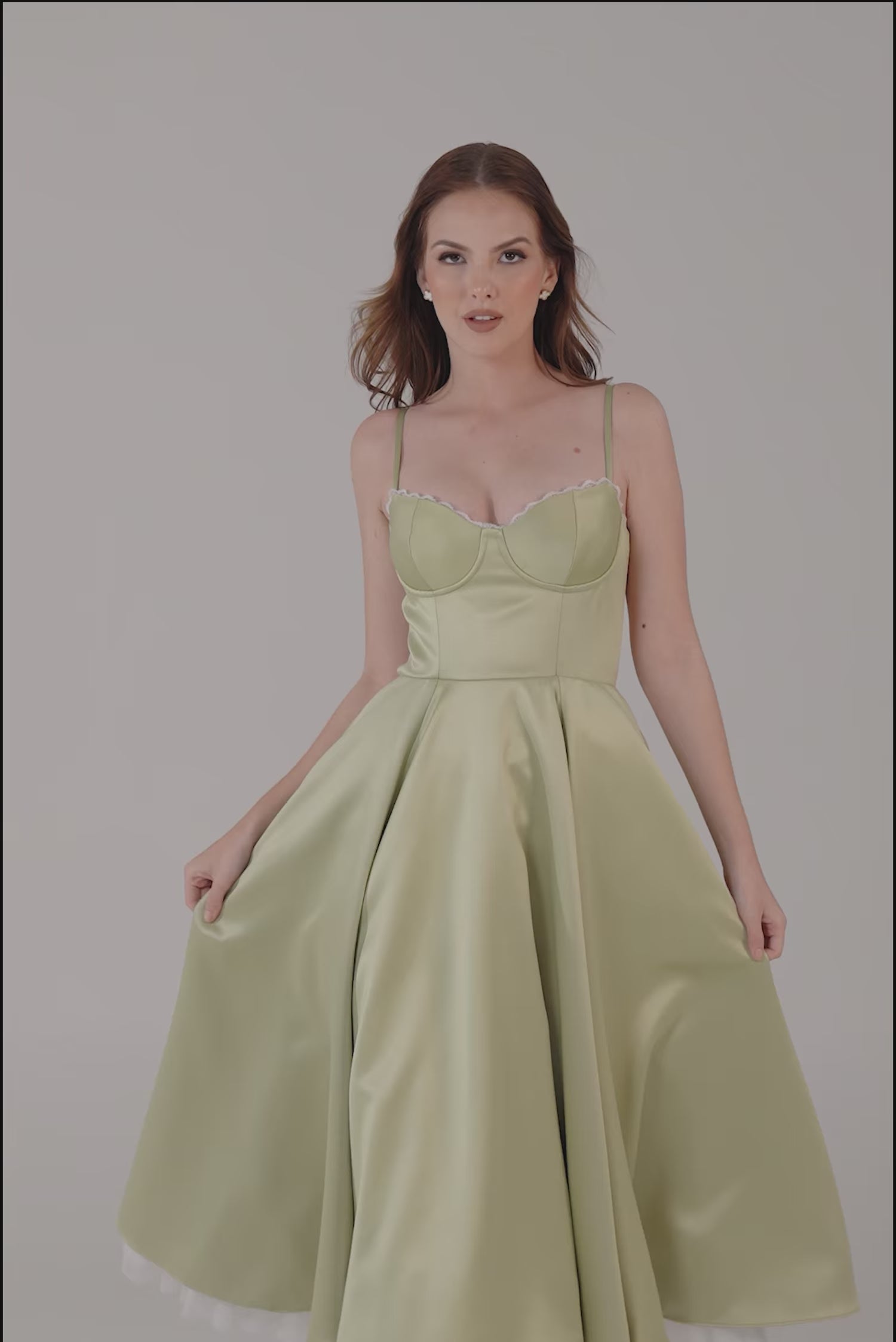 Sage satin bustier midi dress with circle skirt
