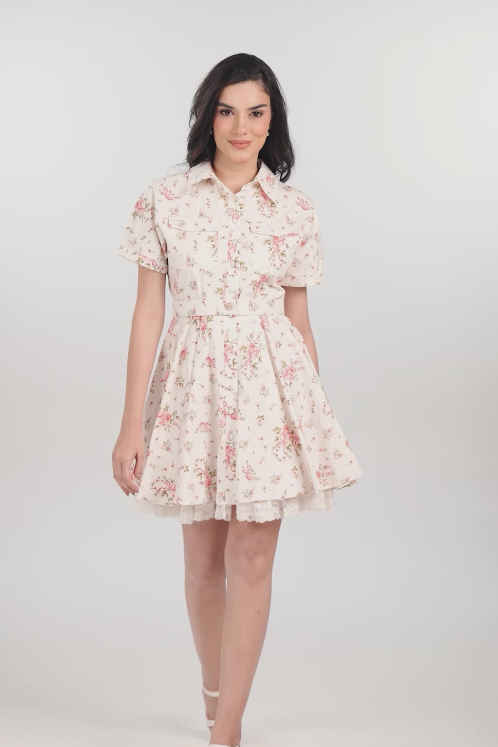 White Pink Floral Belted Shirt Mini Dress