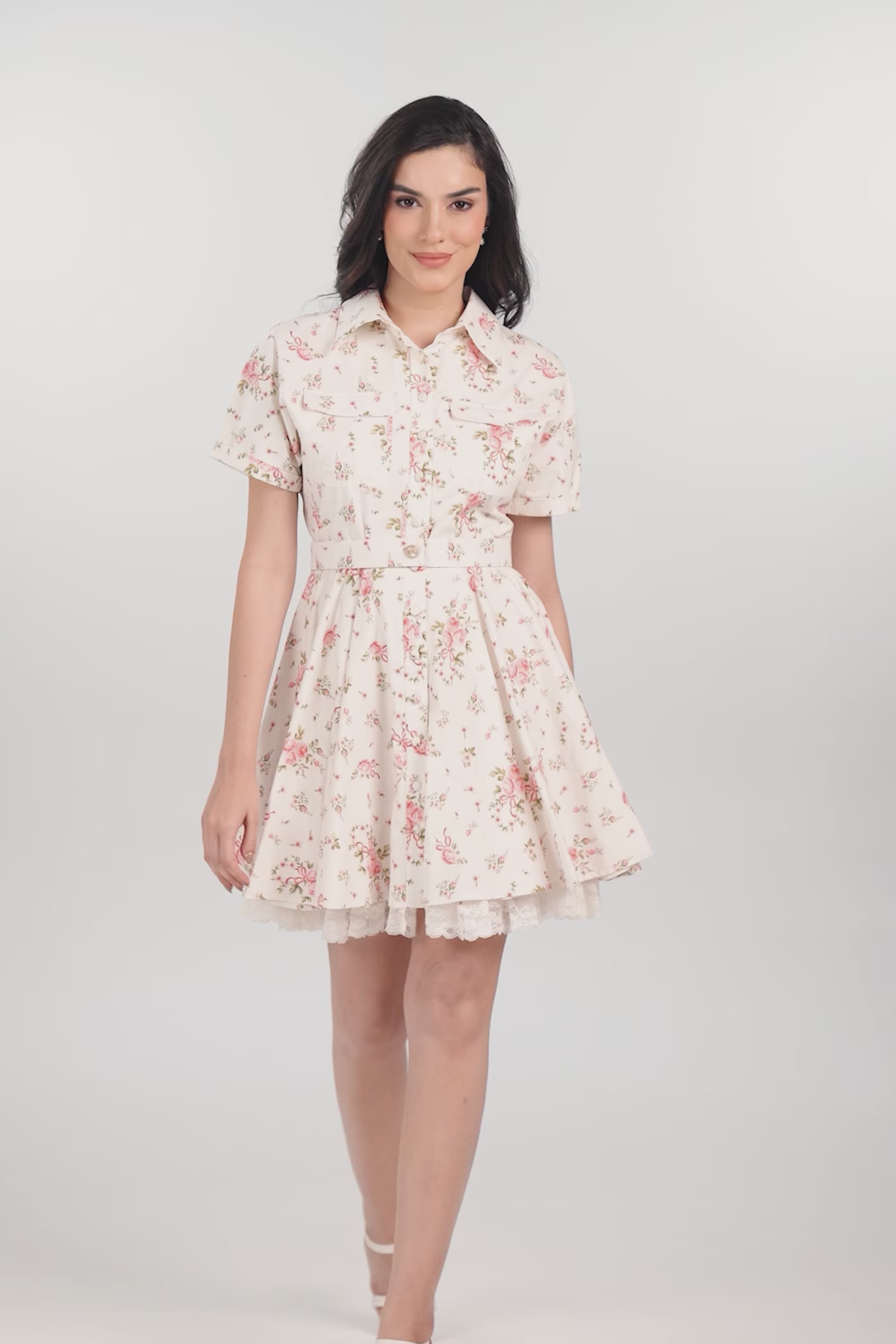 White Pink Floral Belted Shirt Mini Dress