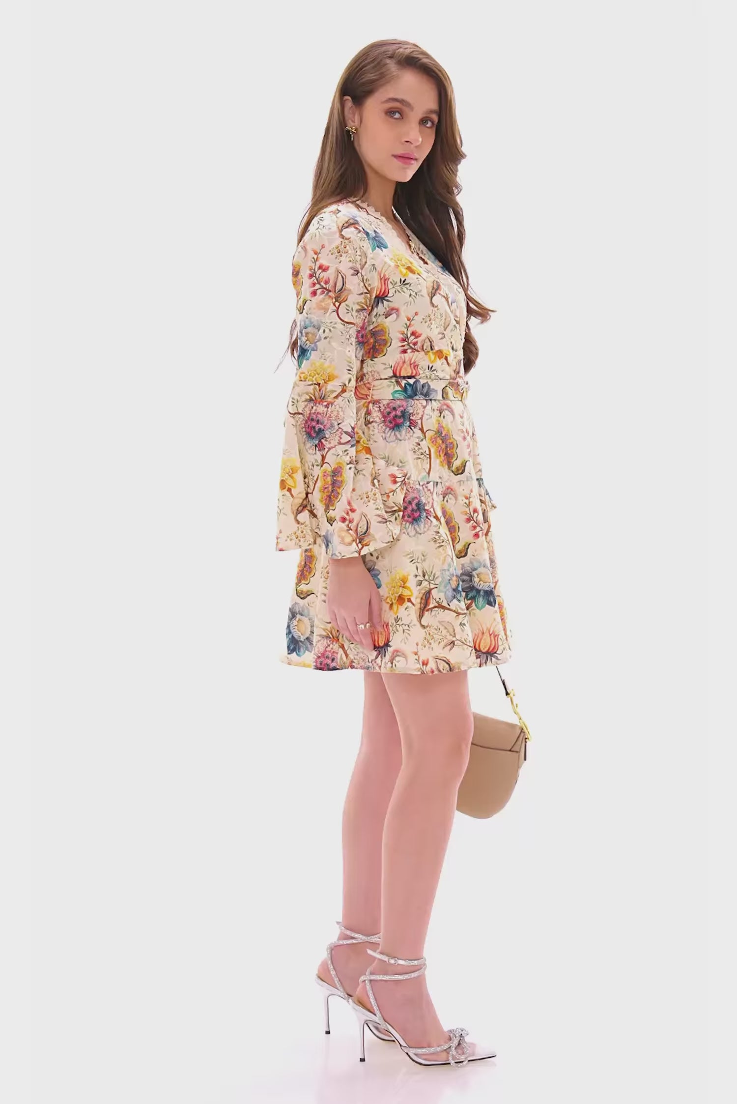 White floral wrap mini dress with long sleeves