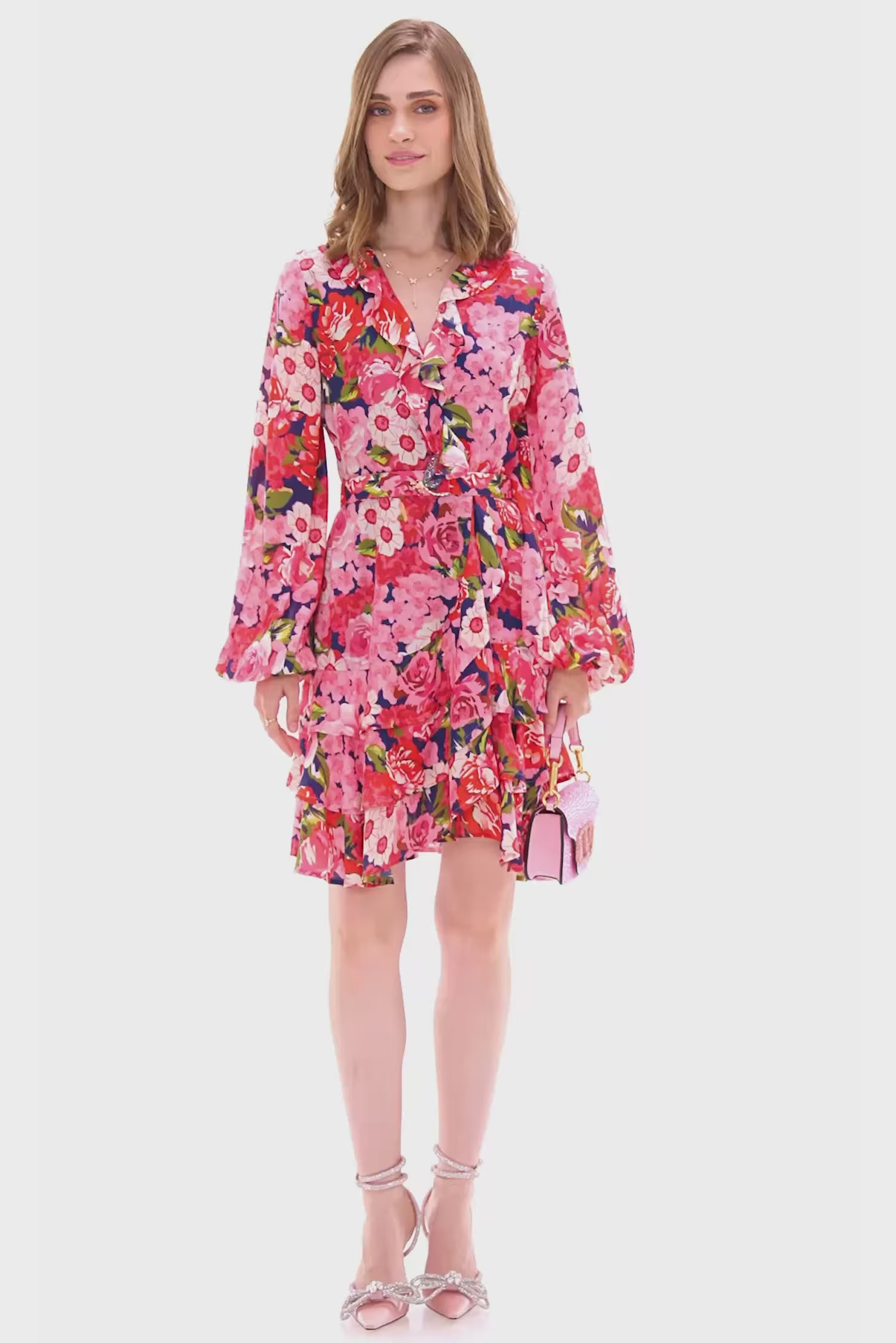 red pink floral wrap mini dress with ruffled details