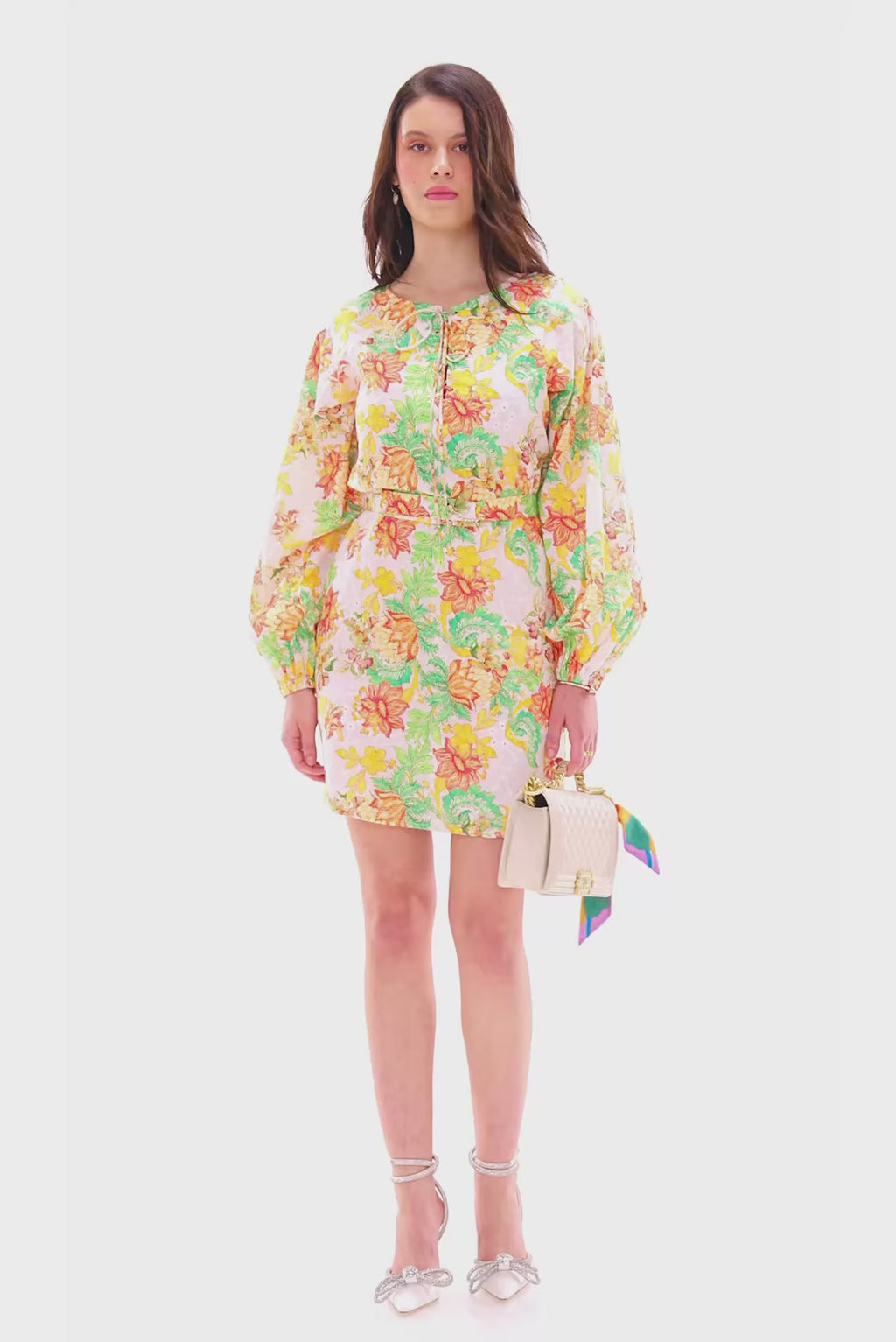 White multicolor floral belted long-sleeve mini dress with round neck, front view