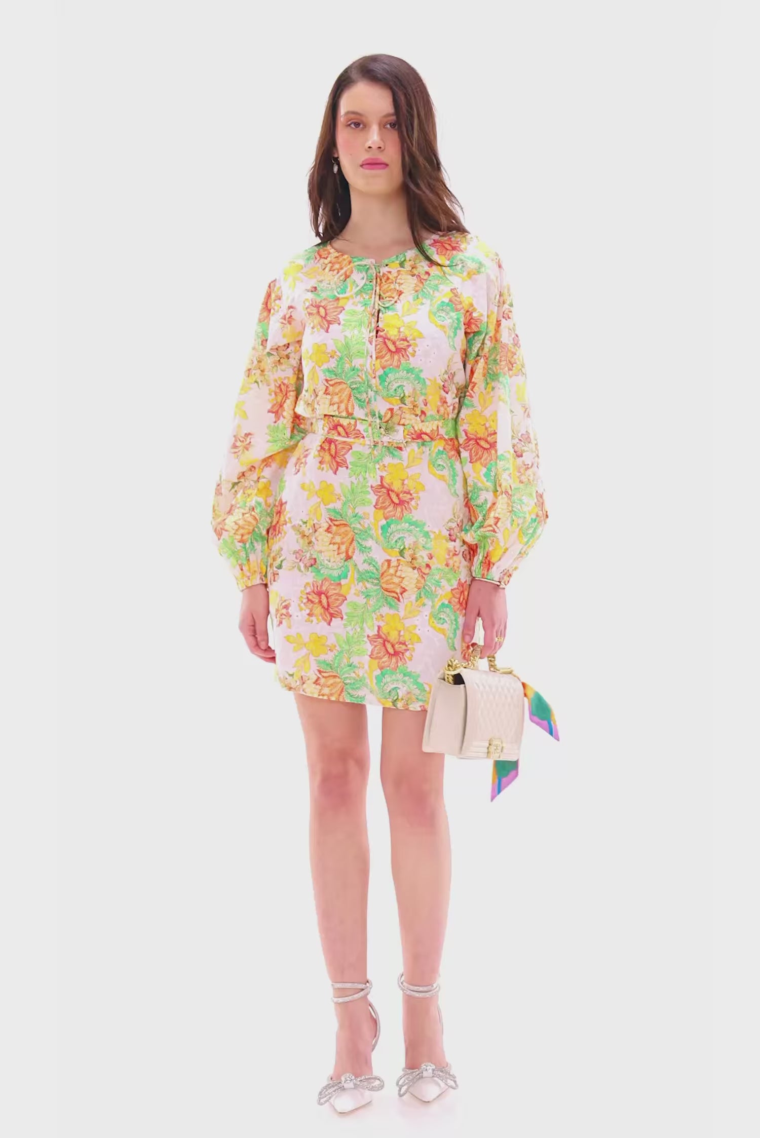 White multicolor floral belted long-sleeve mini dress with round neck, front view