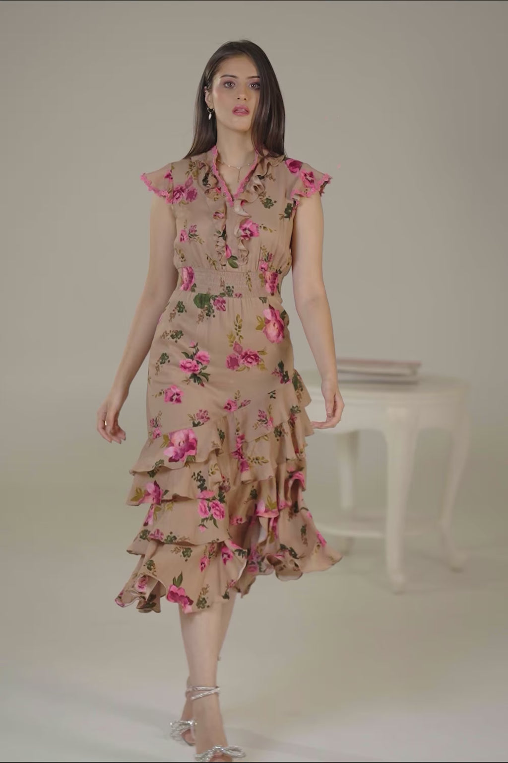 taupe pink floral ruffle midi dress with layered skirt