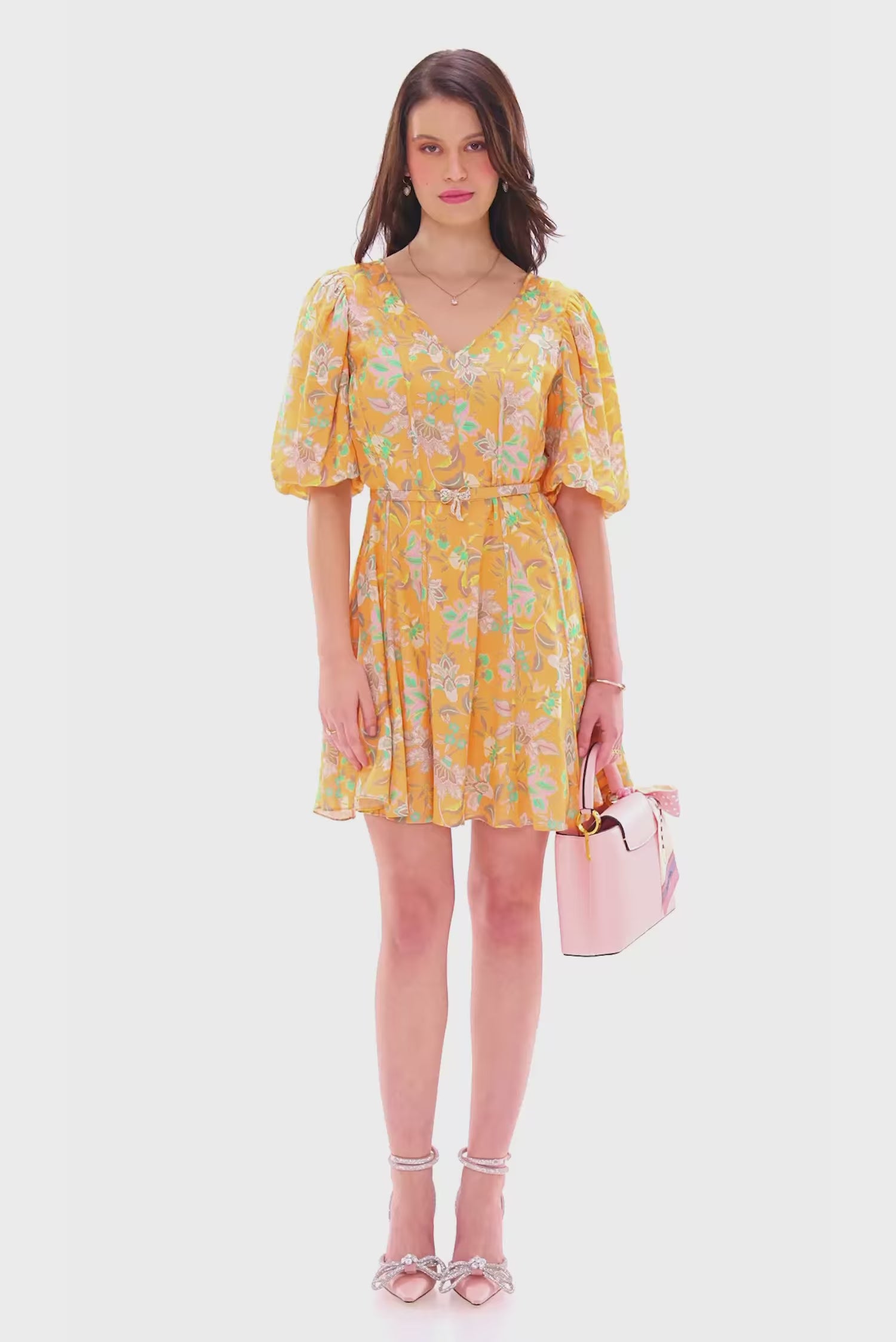 Orange floral v-neck puff sleeve belted mini dress – stylish summer outfit for women.