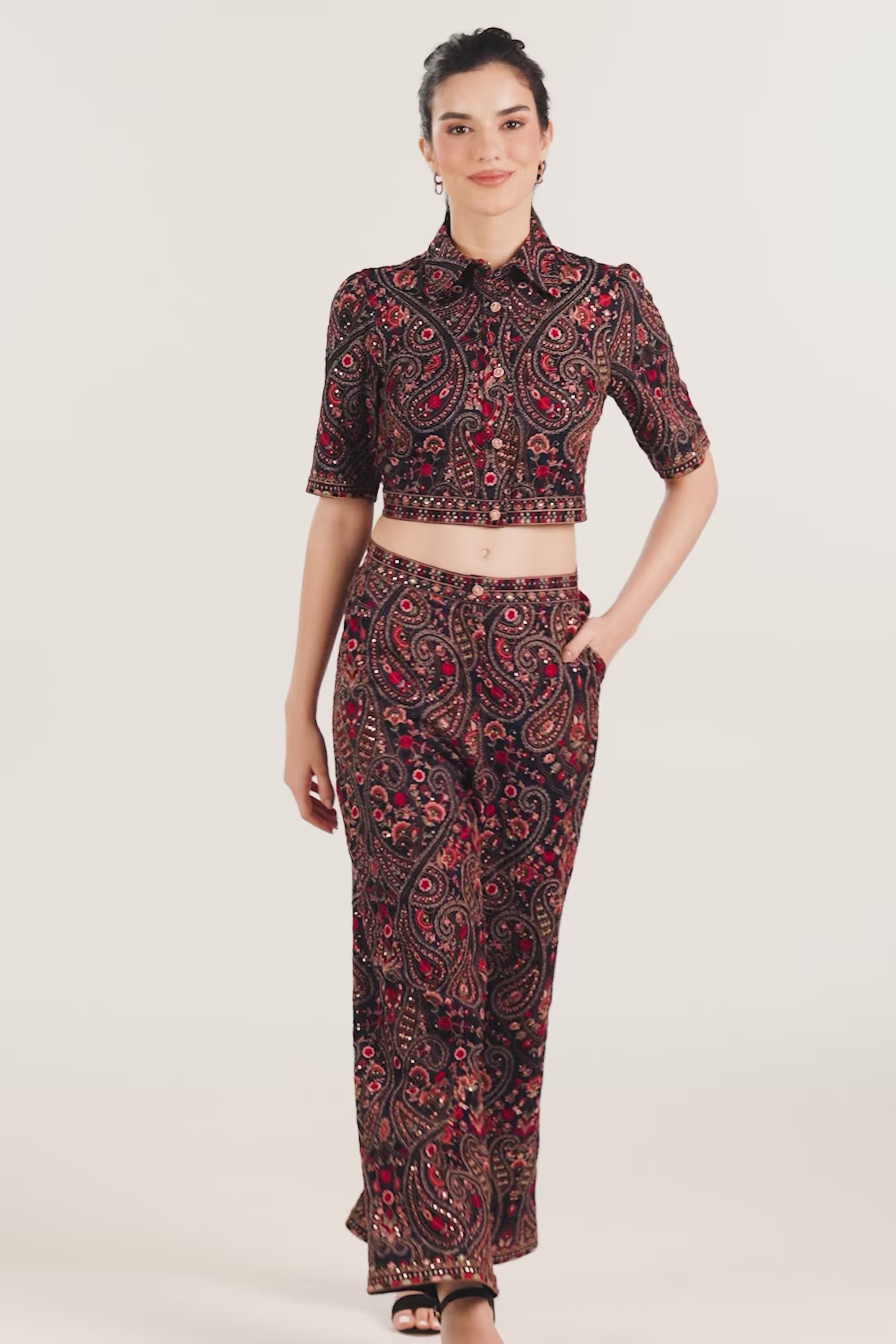 Crimson Paisley Navy Hand Embroidered Co-Ord Set