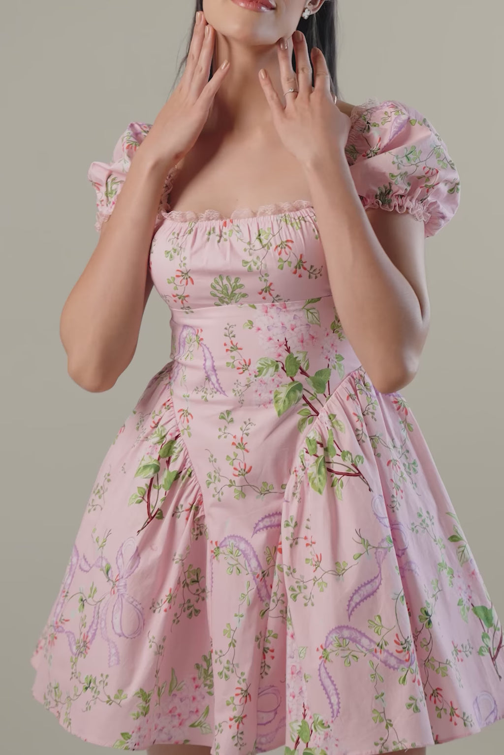 Pink Puff Sleeve Floral Mini Dress