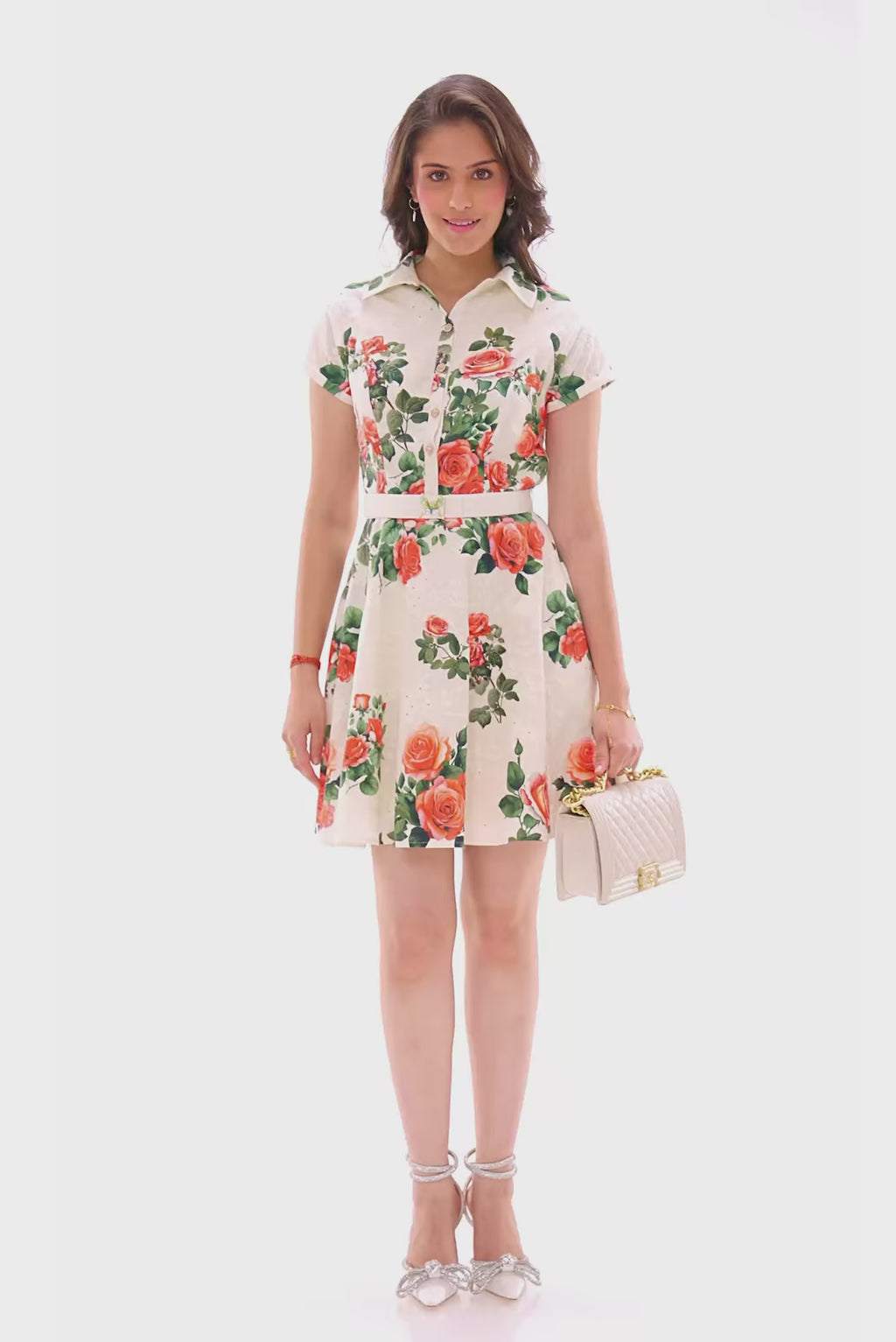 White floral shirt-style belted mini dress with short sleeves, front view