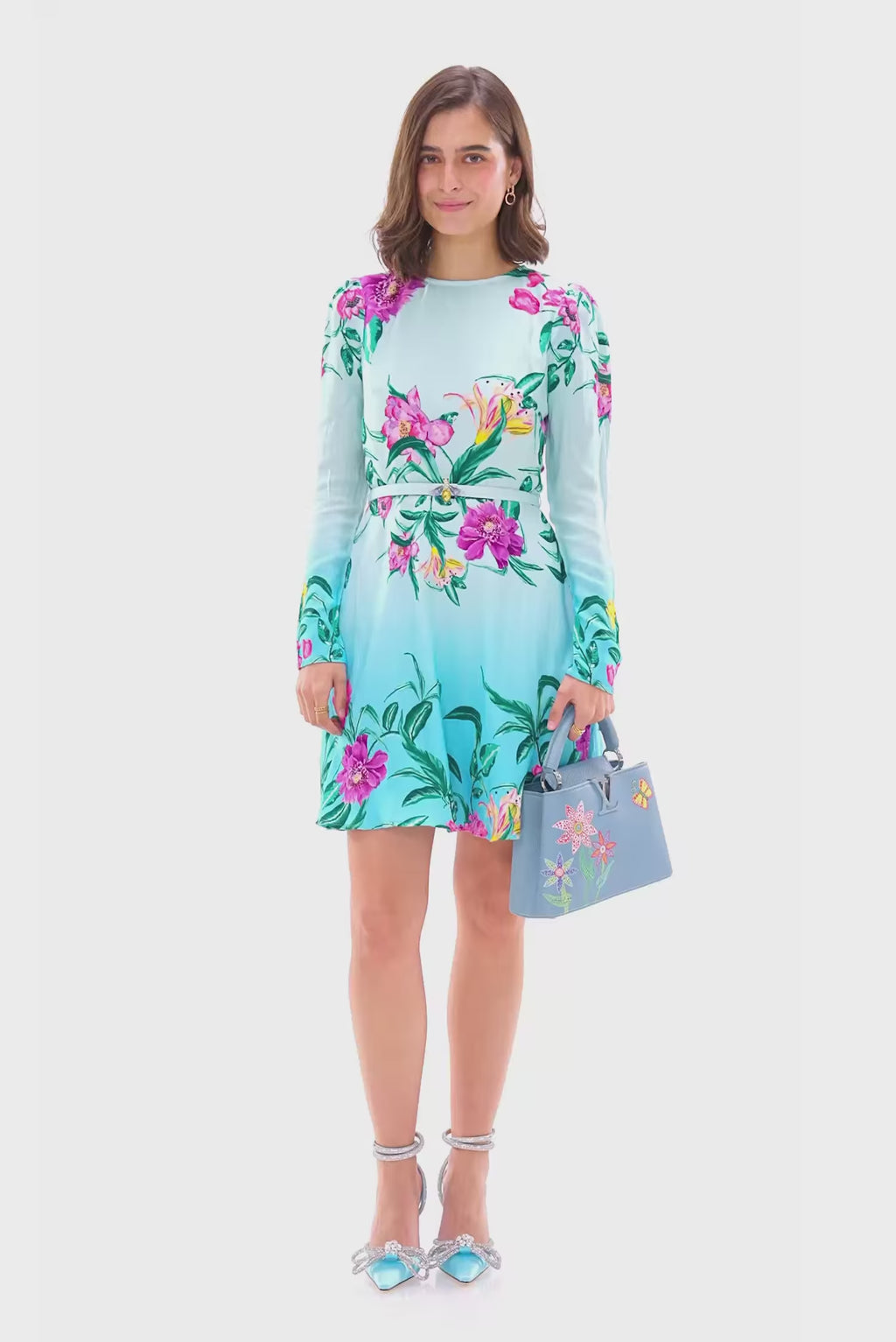 Light blue floral mini dress with long sleeves