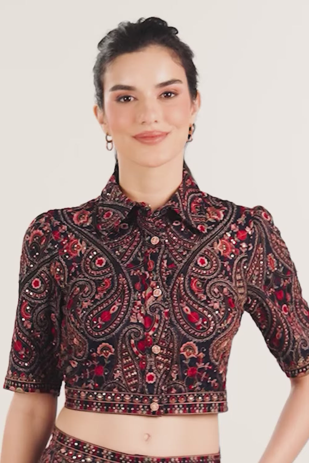 Crimson Paisley Navy Hand Embroidered Crop Shirt
