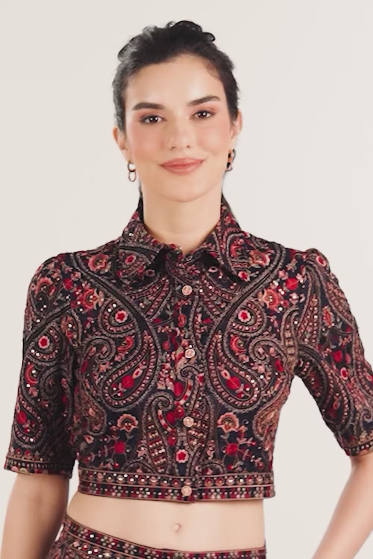 Crimson Paisley Navy Hand Embroidered Crop Shirt