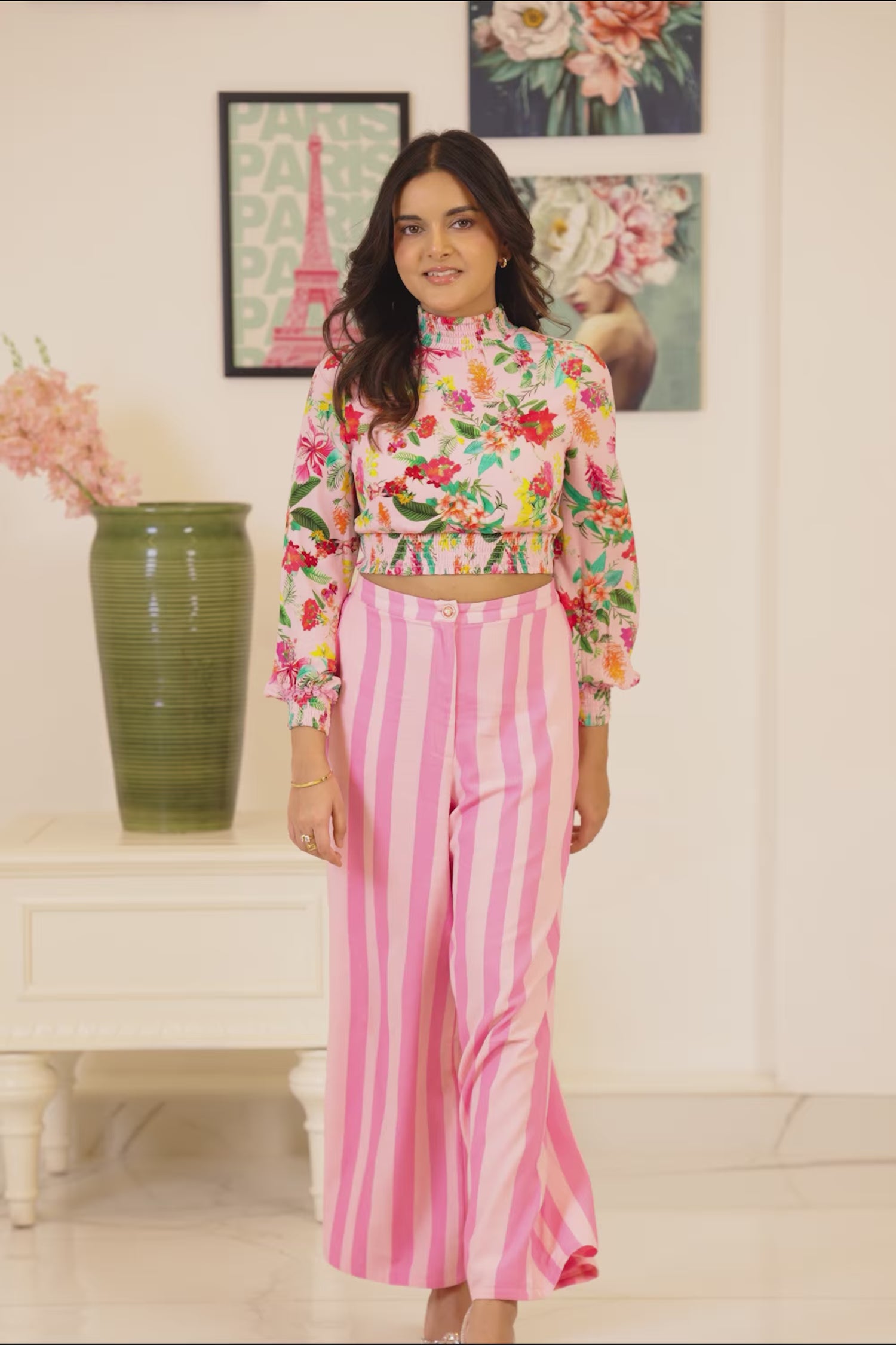 floral crop top with striped pants