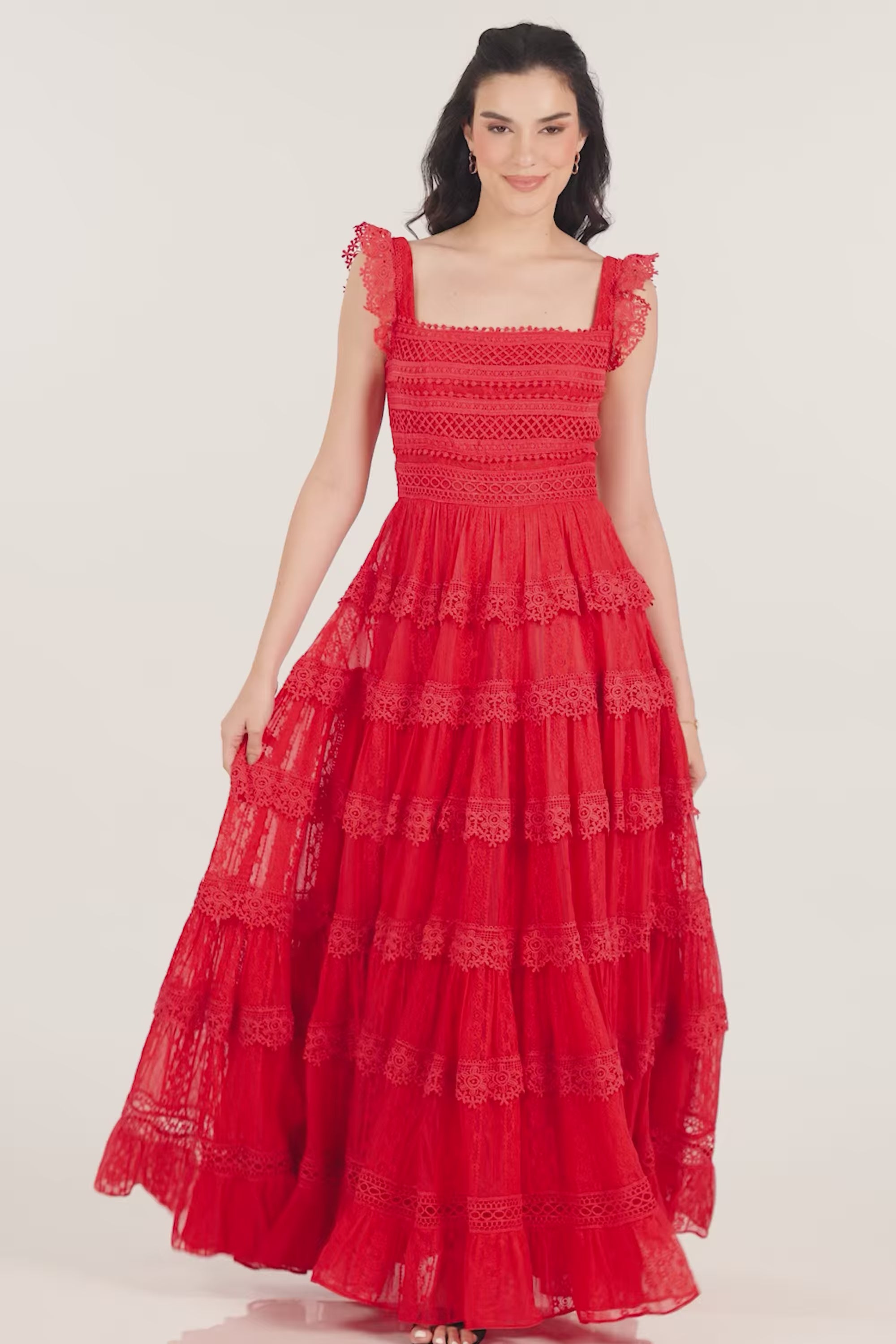 Scarlet Red Lace Maxi Dress | Tiered Style | Pretty Pixie