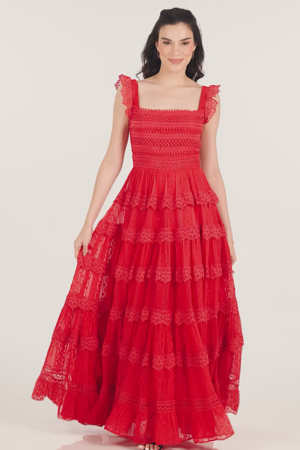 Scarlet Lace Red Tiered Maxi Dress