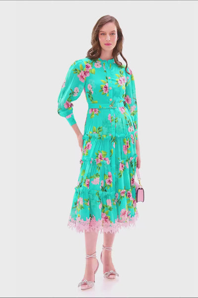 Turquoise floral tiered midi dress with lace hem and long sleeves