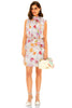 sleeveless pastel floral mini dress with high neck.