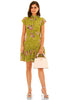 Green floral pleated mini dress with short sleeves