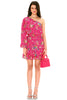 Hot pink floral one-shoulder ruffle mini dress with belted waist