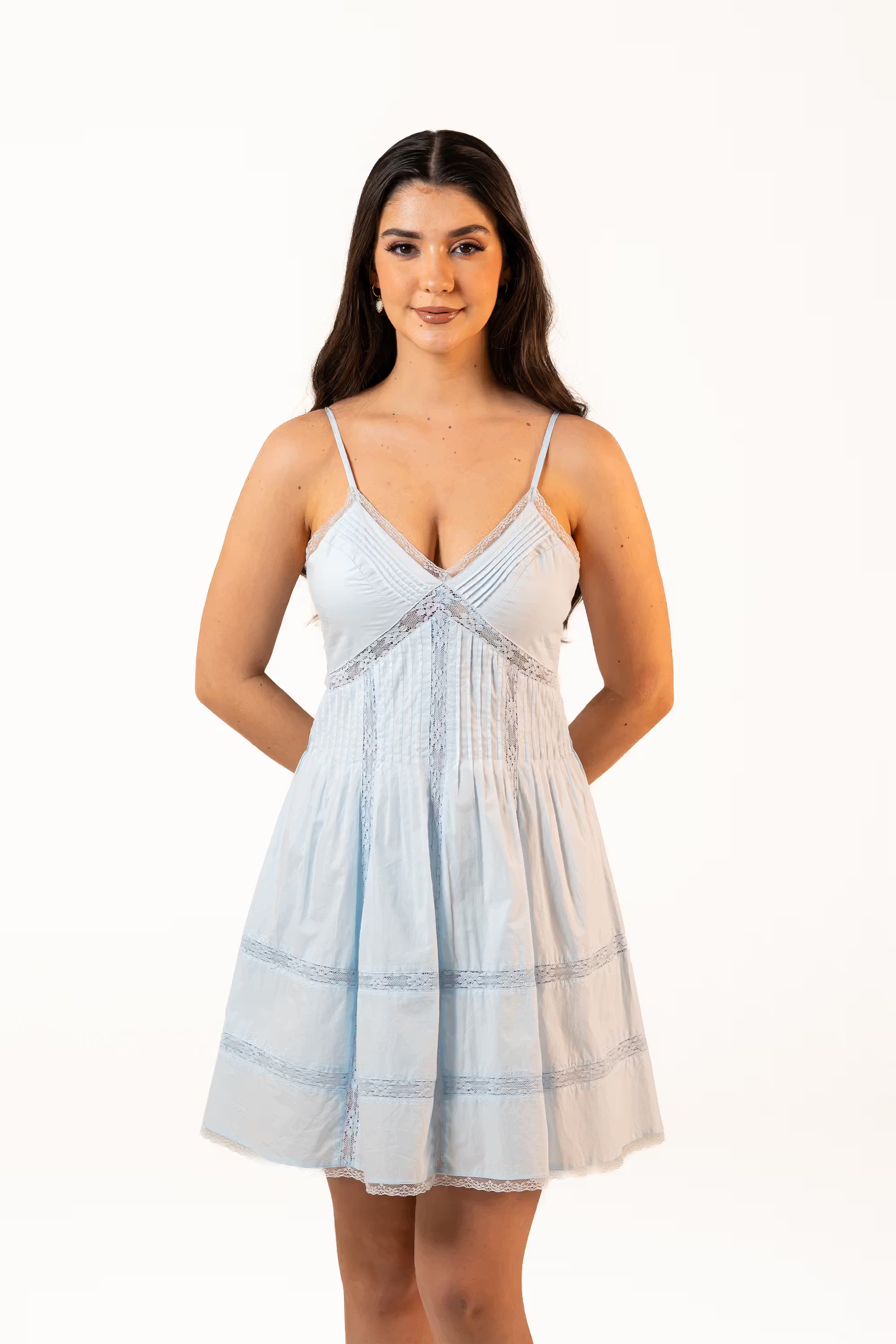 light blue lace-trim mini dress with spaghetti straps and flared skirt