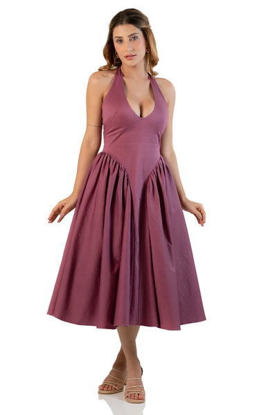 Plum halter neck midi dress front view, sleeveless fit and flare design.