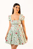 mint green floral mini dress with puff sleeves and square neckline