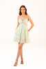 mint green lace trim mini dress with spaghetti straps and flowy A-line silhouette.