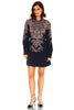 Navy long sleeve mini dress with intricate floral embroidery, collared neckline, and cinched waist