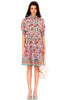 Pink floral shirt-style knee-length dress with smocked sleeves and belted waist